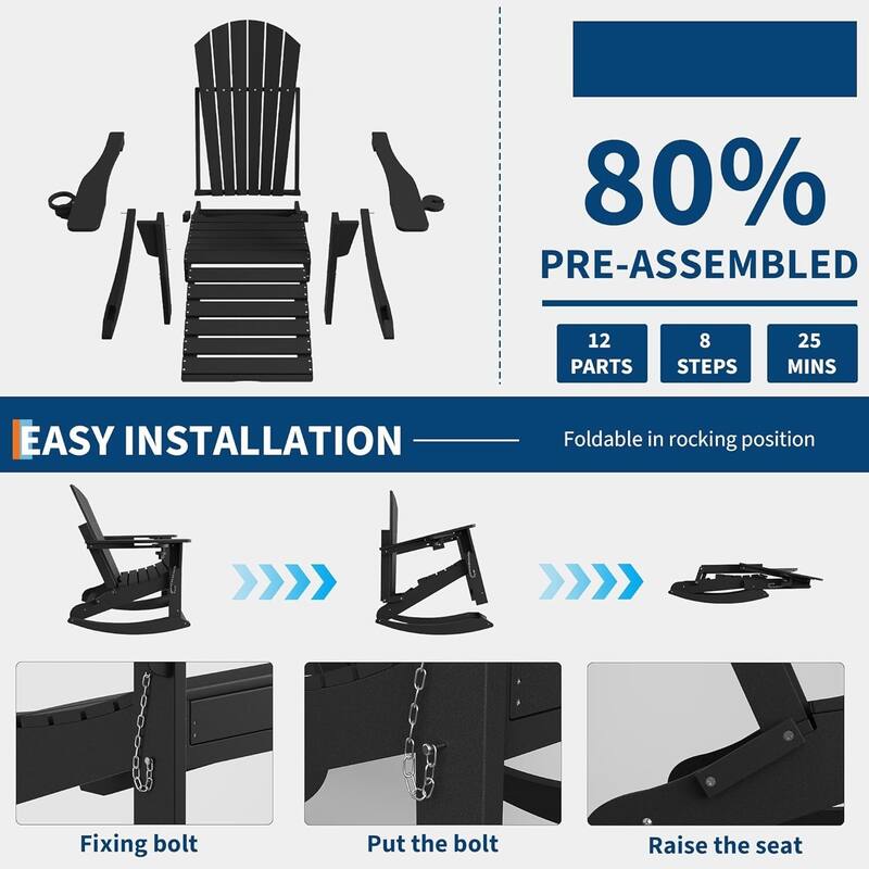 Folding Rocking Adirondack Chair with Retractable Ottoman and Cup Holder