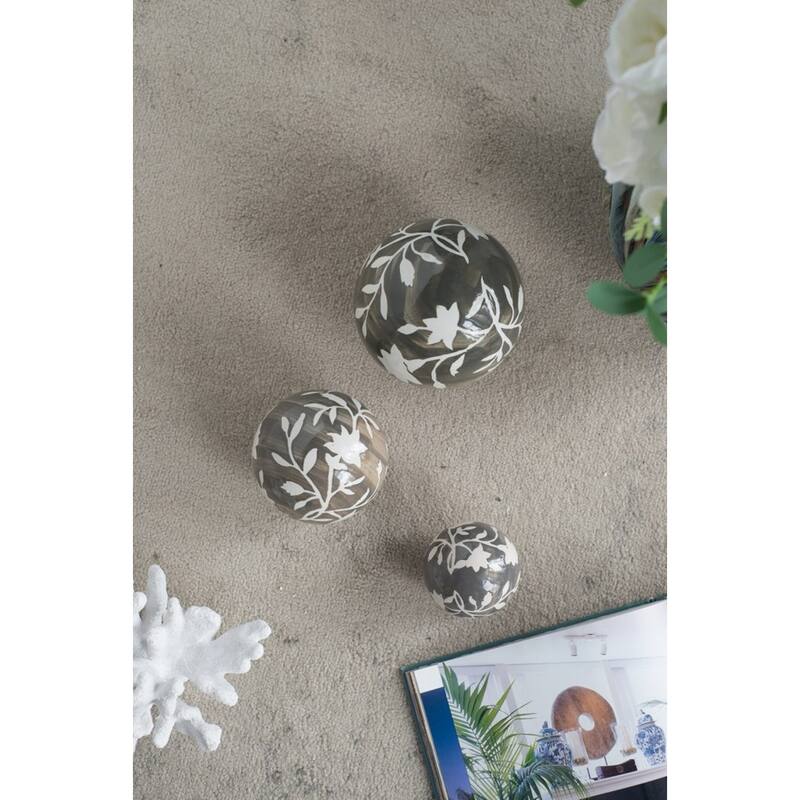Floral and Leaf Orb Decorations - 5" - Brown and White - Set of 3