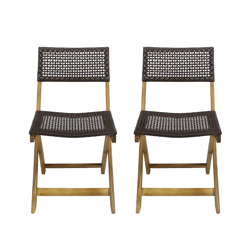 Bistro Side Chair, Foldable, Outdoor Gray Wicker Cane, Brown Acacia Wood