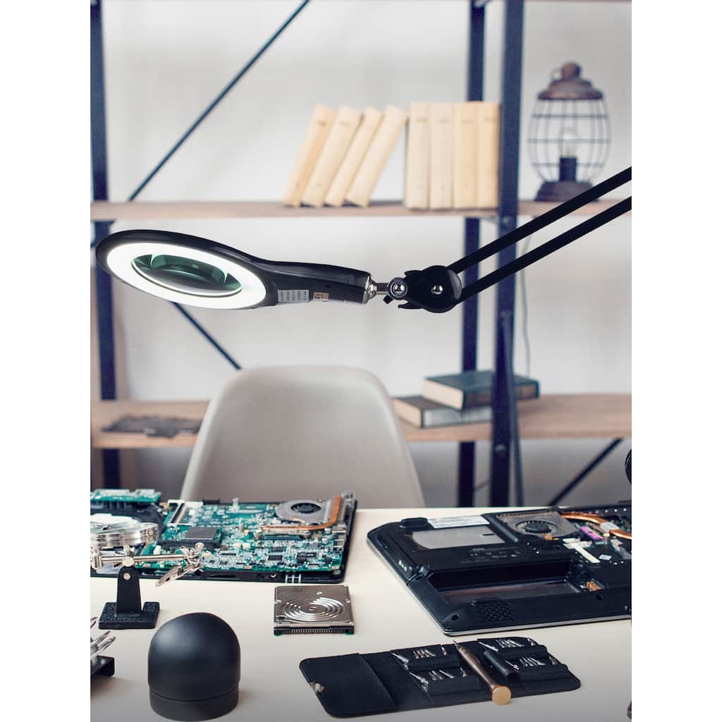 Brightech Lightview Pro 33 in. Classic Black Plug-in Adjustable Swing Arm Integrated 2.25X Magnifying LED Desk Clamp Lamp