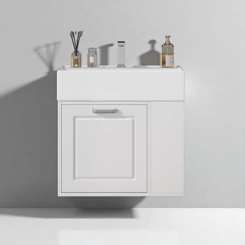 21.8" Wall-Mounted Floating Bathroom Vanity, Ceramic Sink, Soft-Close Drawer, Adjustable Shelf, Toilet Paper Holder - White