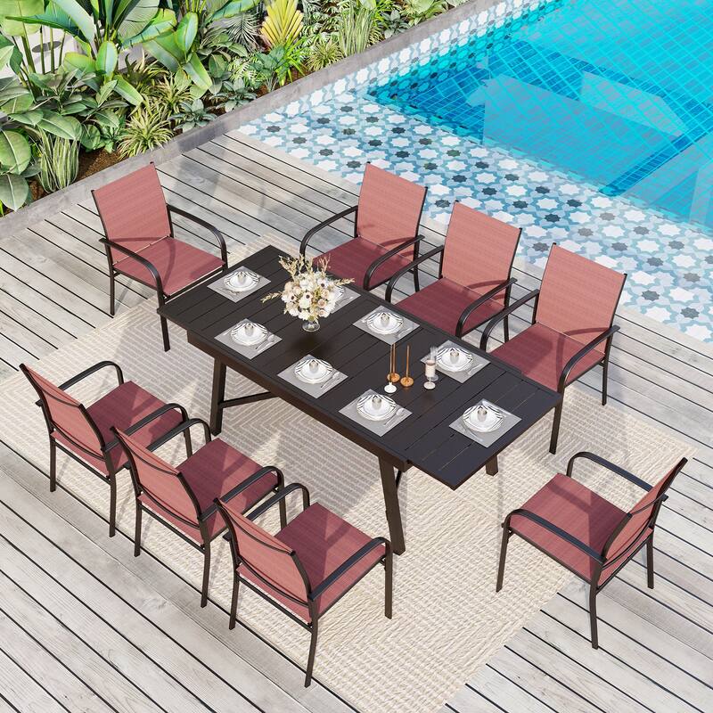 MAISON ARTS Outdoor Dining Set 7/9-Piece with Expandable Rectangular Metal Table and 6/8 Textilene Dining Chairs - 9-Piece-Red