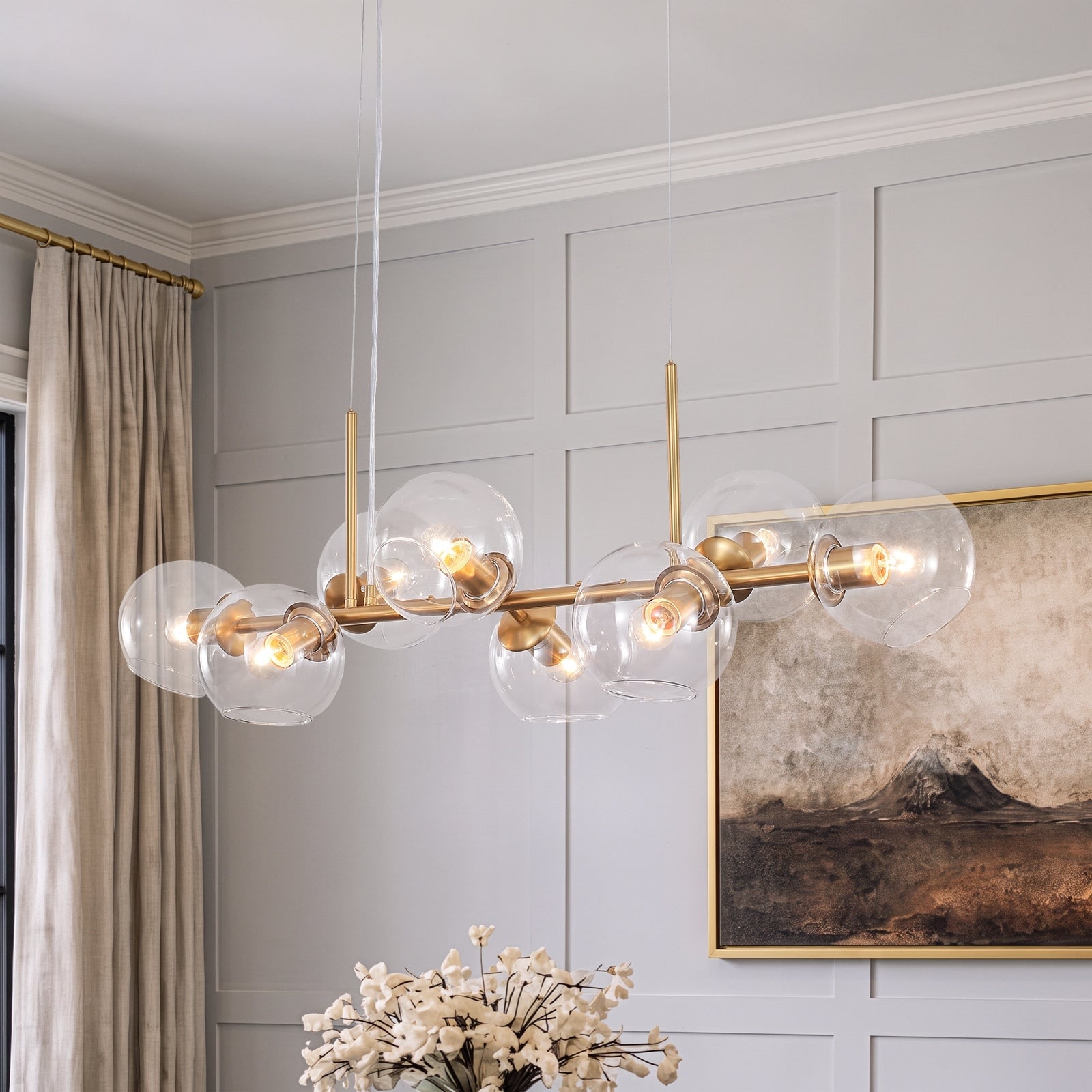 Modern 8-Light Glass Globe Linear Sputnik Island Chandelier Semi Flush