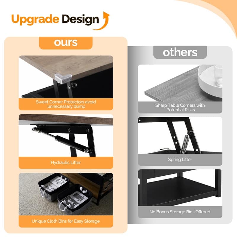 VINGLI Adjustable with Crossbar, Black Side X-shaped Metal Frame, Rectangular, Gray Washboard Coffee Table