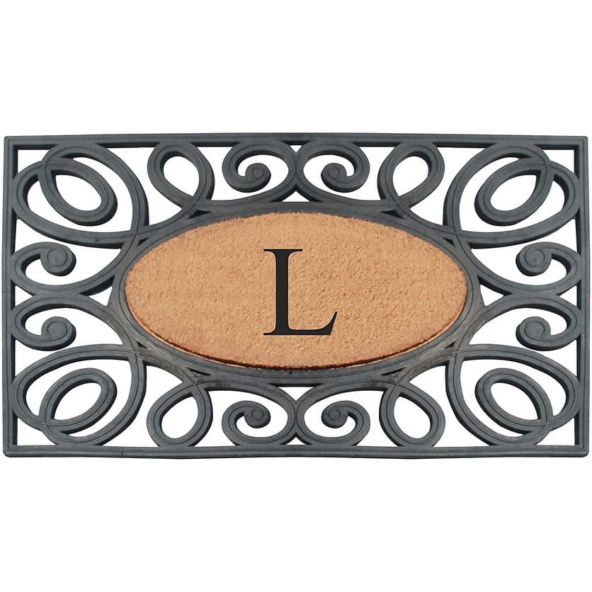 A1HC Rubber and Coir Elegant Circles, Monogrammed Double Door Doormat, Black/Beige - 23"X38"