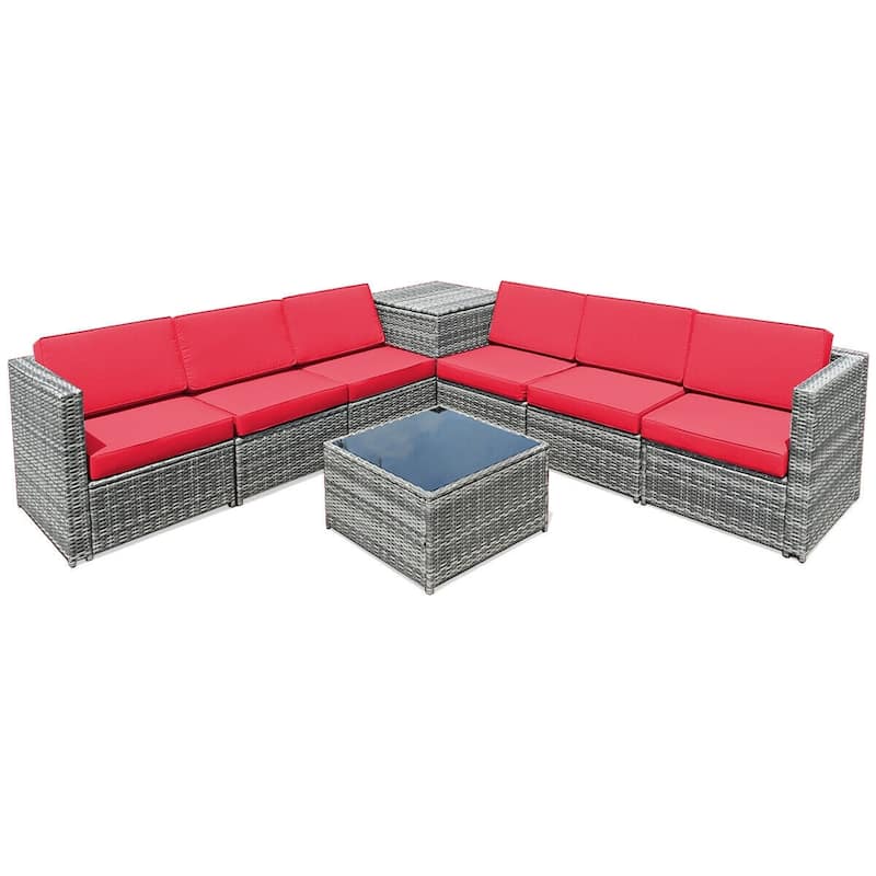 8 Piece Wicker Sofa Rattan Dinning Set Patio Furniture with Storage Table - 23" x 26" x 29.5" - Red