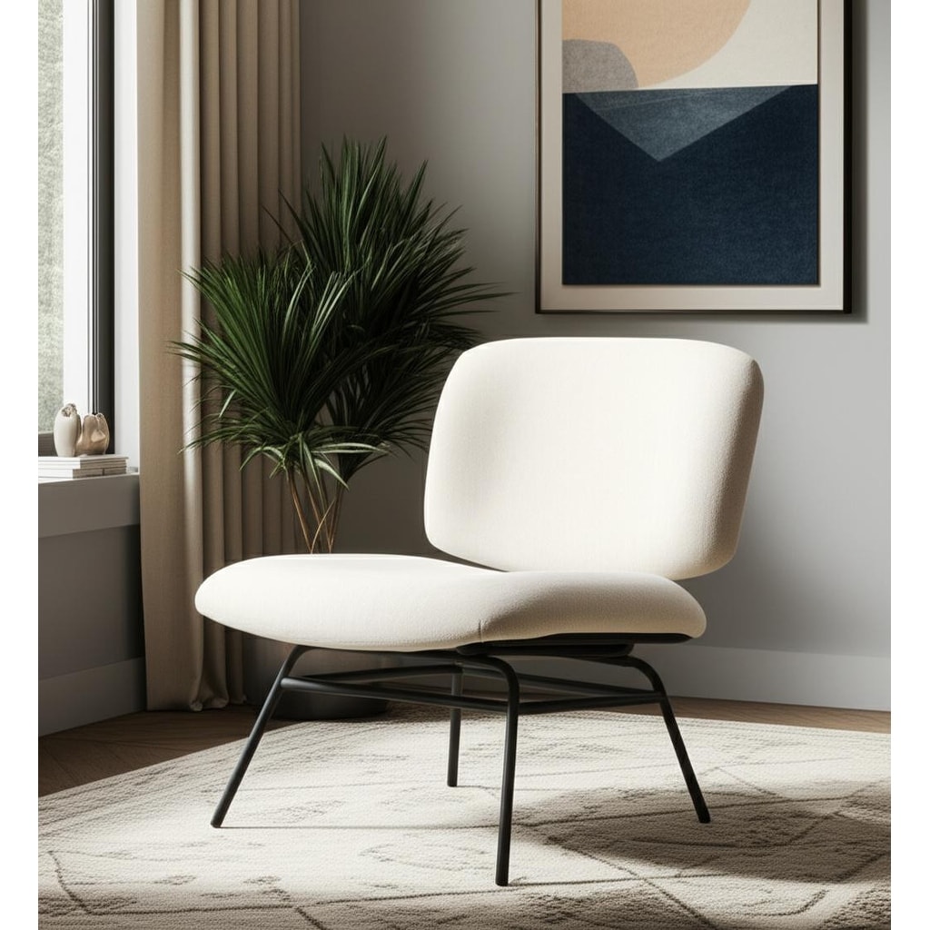 HomeRoots 25" Cream and Black Chenille and Metal Slipper Chair - 25.39 in. x 31.89 in. x 30.79 in.