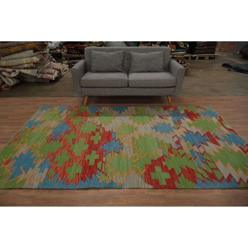 Hand Woven Oriental 100% Wool Carpet Southwestern Modern Multi-Colored Kilim Area Rug - 8' 9'' X 5' 10''