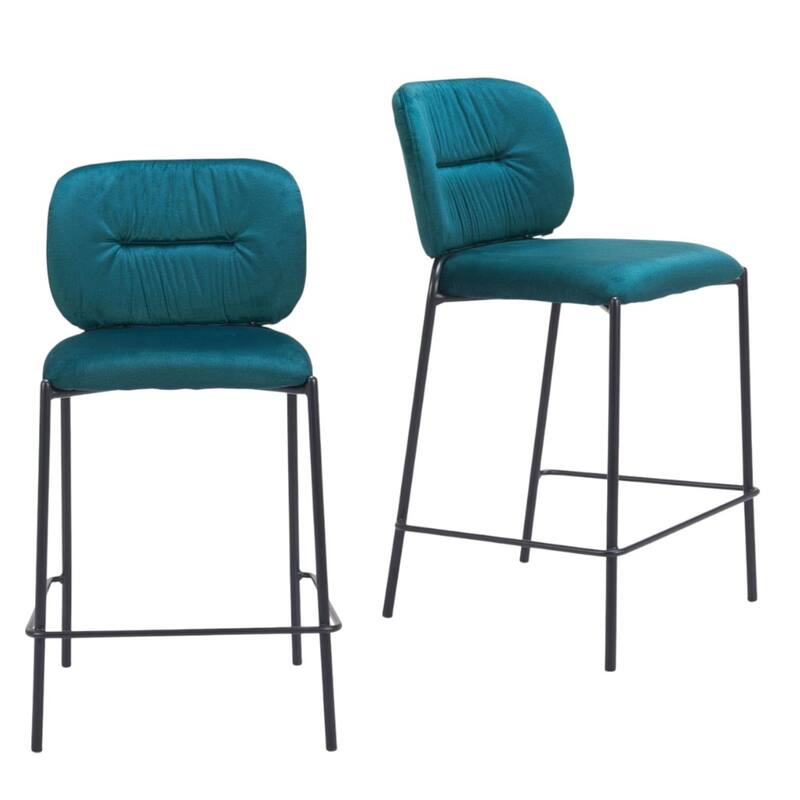 HomeRoots Set of Two 25" Green and Black Velvet and Steel Counter Height Bar Chairs