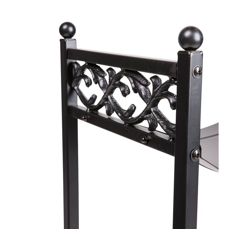 Compact Log Rack, Cast Iron with Scrollwork Design - Black