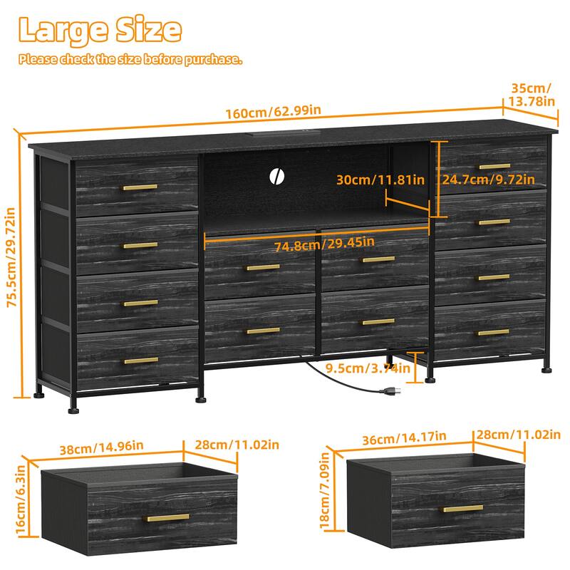 Dresser for Bedroom with Power Outlets And LED Lights, TV Pedestals, Large Size TV Stand with 12 Drawers