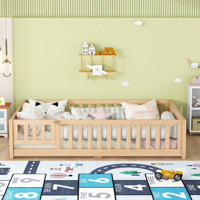 Full Size Kids Floor Bed with Guardrails and Door