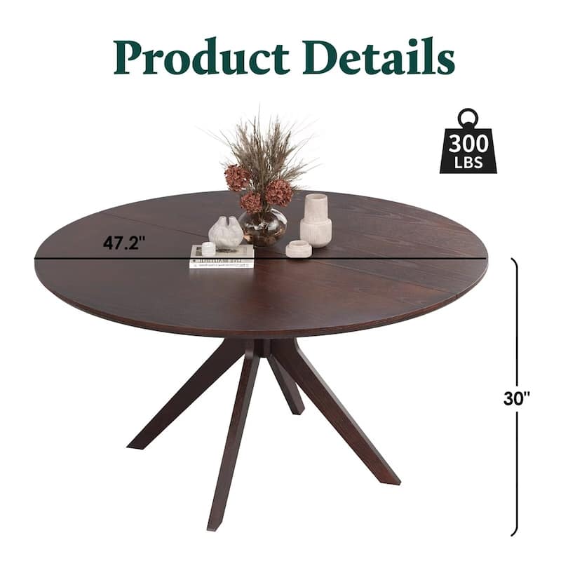 47.2" Solid Wood Round Dining Table for 4-6 People with Intersecting Pedestal Base - Dark Walnut