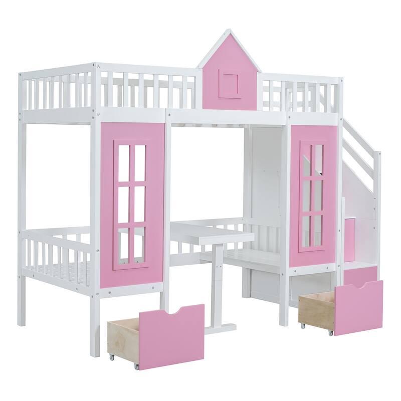 Convertible Twin-Over-Twin Bunk Bed with Desk, Pink