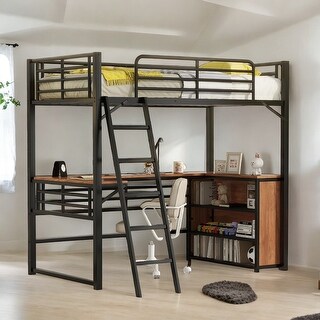Artsy Full Size Metal Loft Bed with 3 Layers and L-shaped Desk, Black
