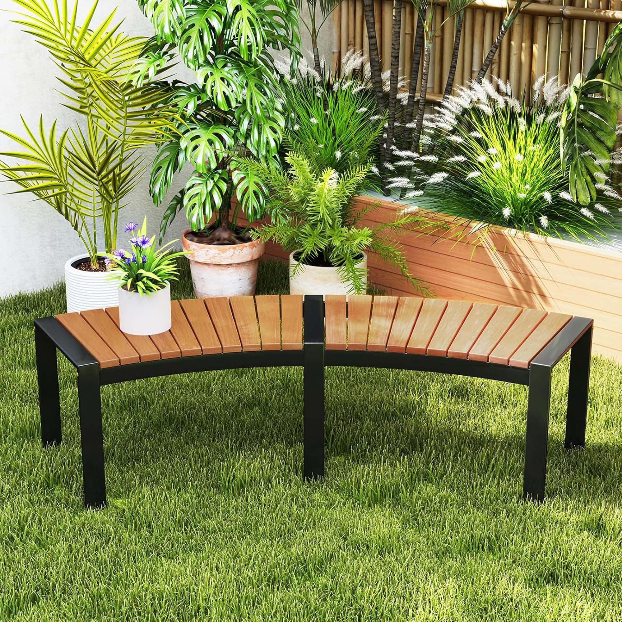 Outdoor Curved Bench Acacia Wood Firepit Bench w Metal Frame