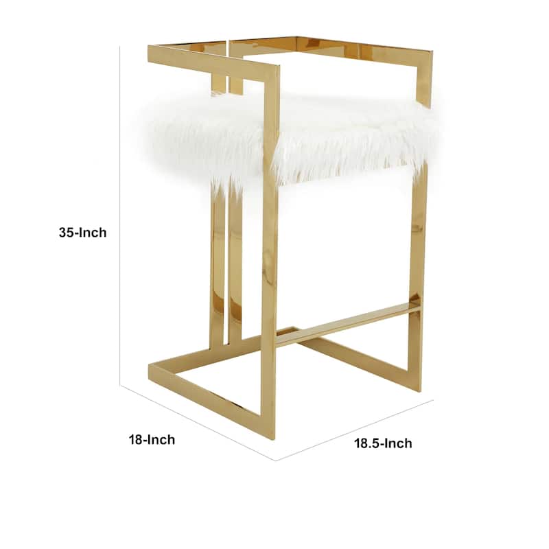 Suki 30 Inch Barstool Chair, White Faux Fur Seat, Stainless Steel, Gold