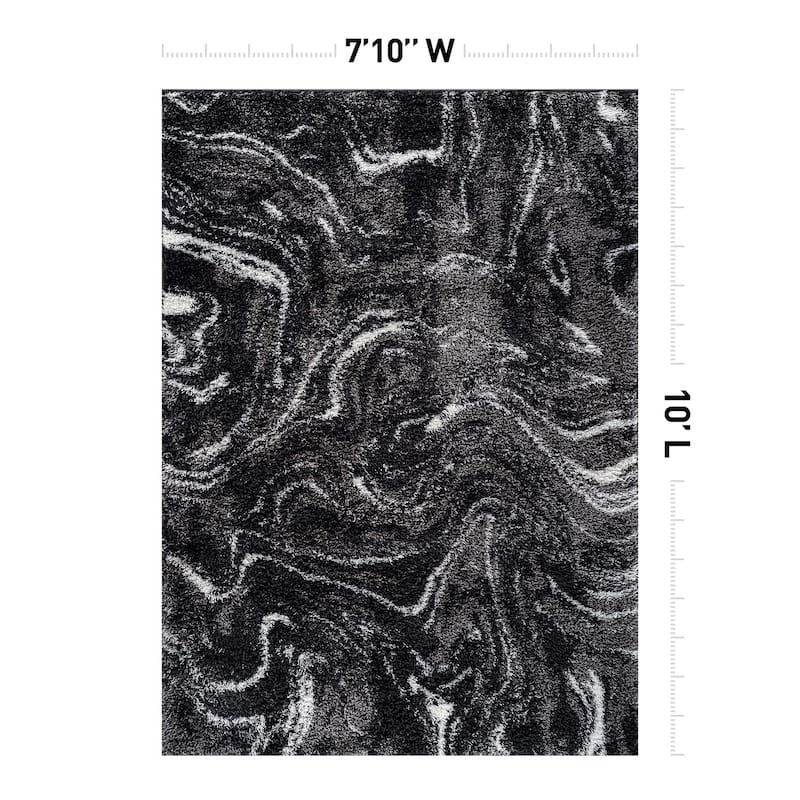 Abstract Marble Shag Rug - Anthracite Dark Gray - Plush Medium Pile, Durable with Jute Backing