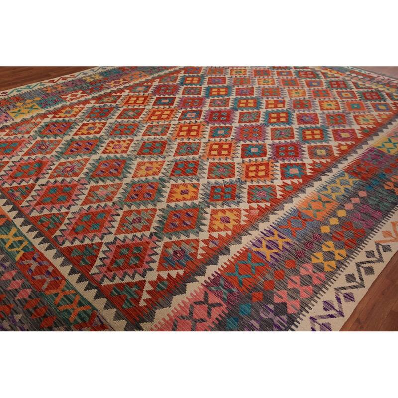 South Western Kilim Oriental Area Rug Flatweave Geometric Wool Carpet - 10'2" x 13'4"