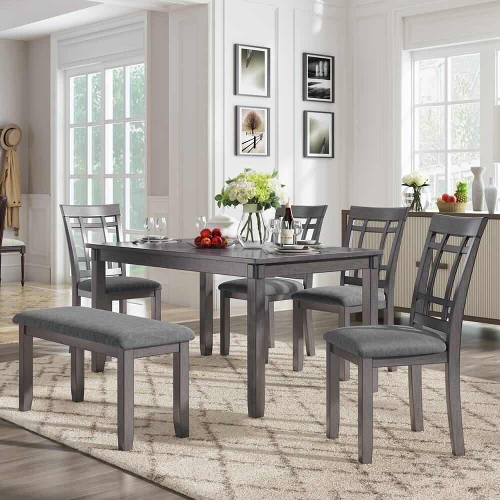 6 Piece Wooden Dining Table set with 4 Chairs and Bench
