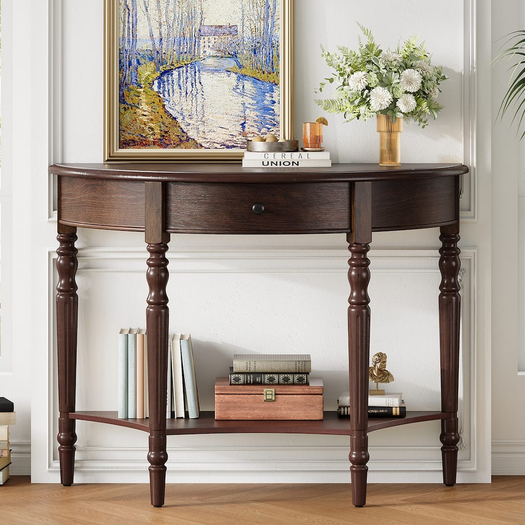 Farmhouse Half Moon Console Table with Drawer & Shelf - Sofa Table in Espresso