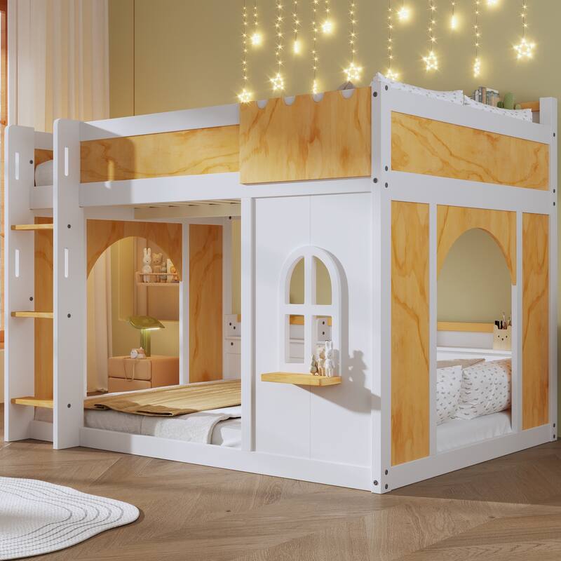 Kids Wooden Bunk Bed with Built-in Storage Shelves, Playful Window and 2 Doors