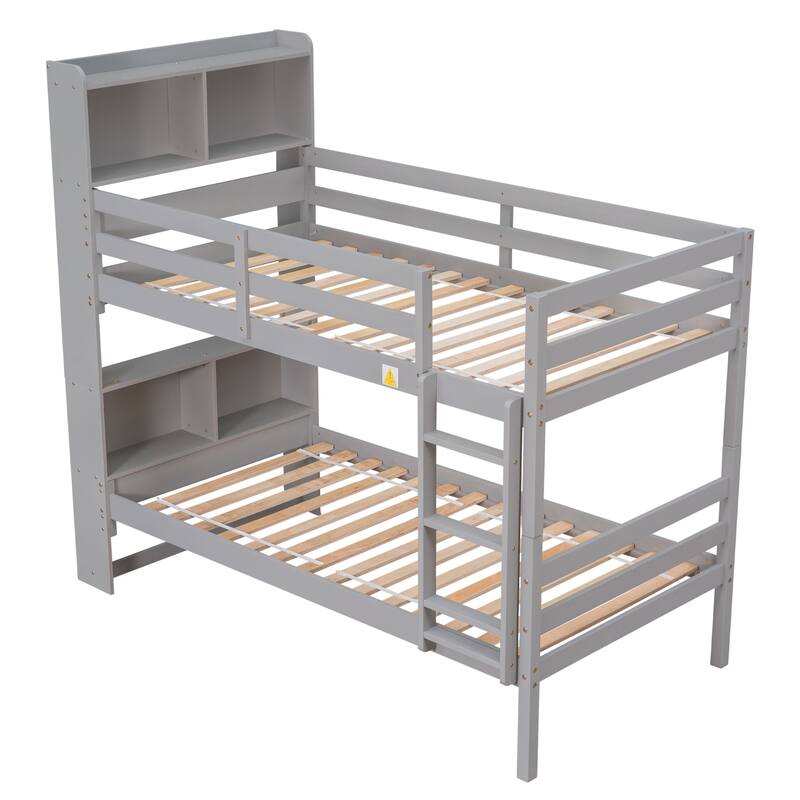 Solid Wood Twin Over Twin Bunk Beds with Bookcase Headboard, Safety