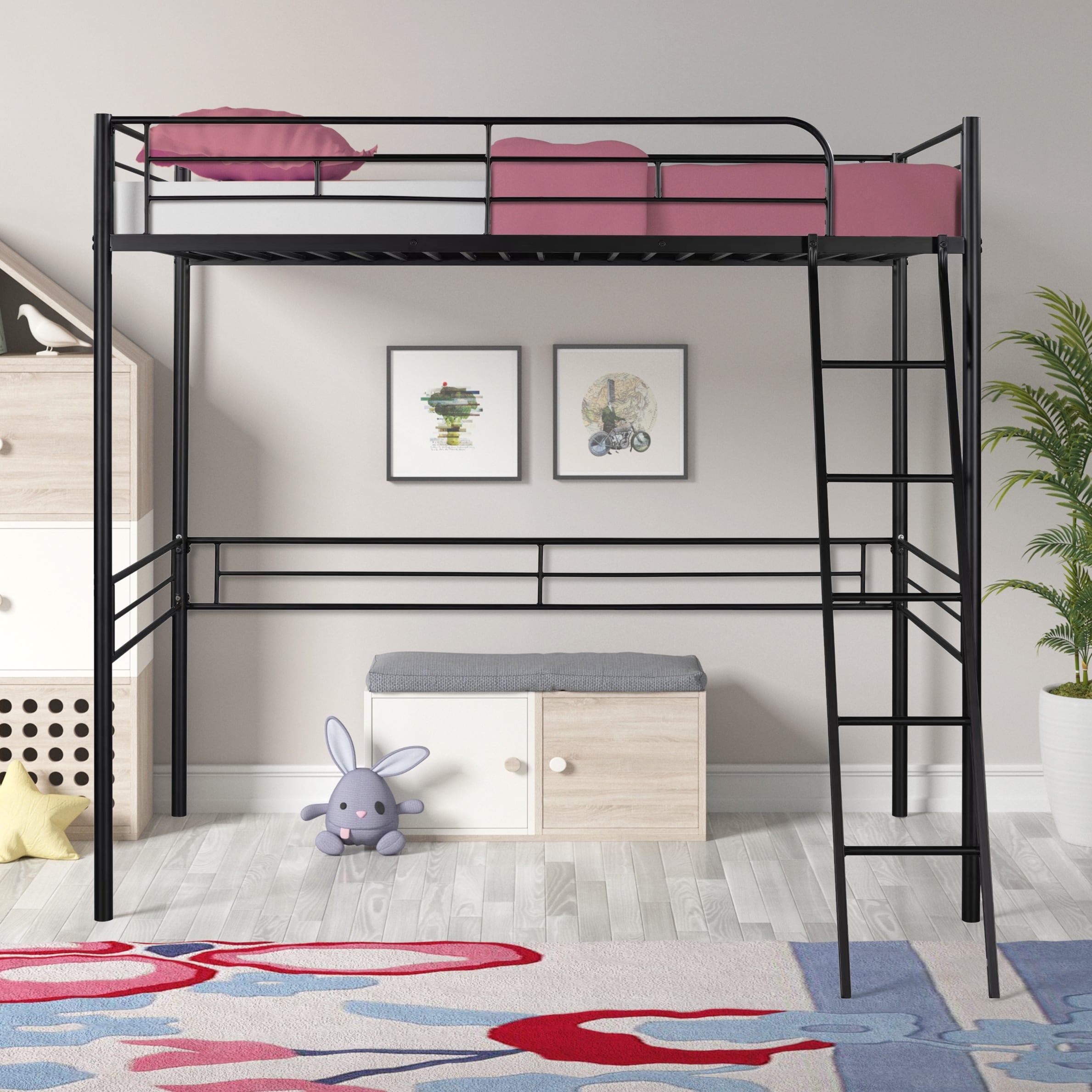 Simple Clean Line Metal Steel Twin Loft Bed Black Bed Bath