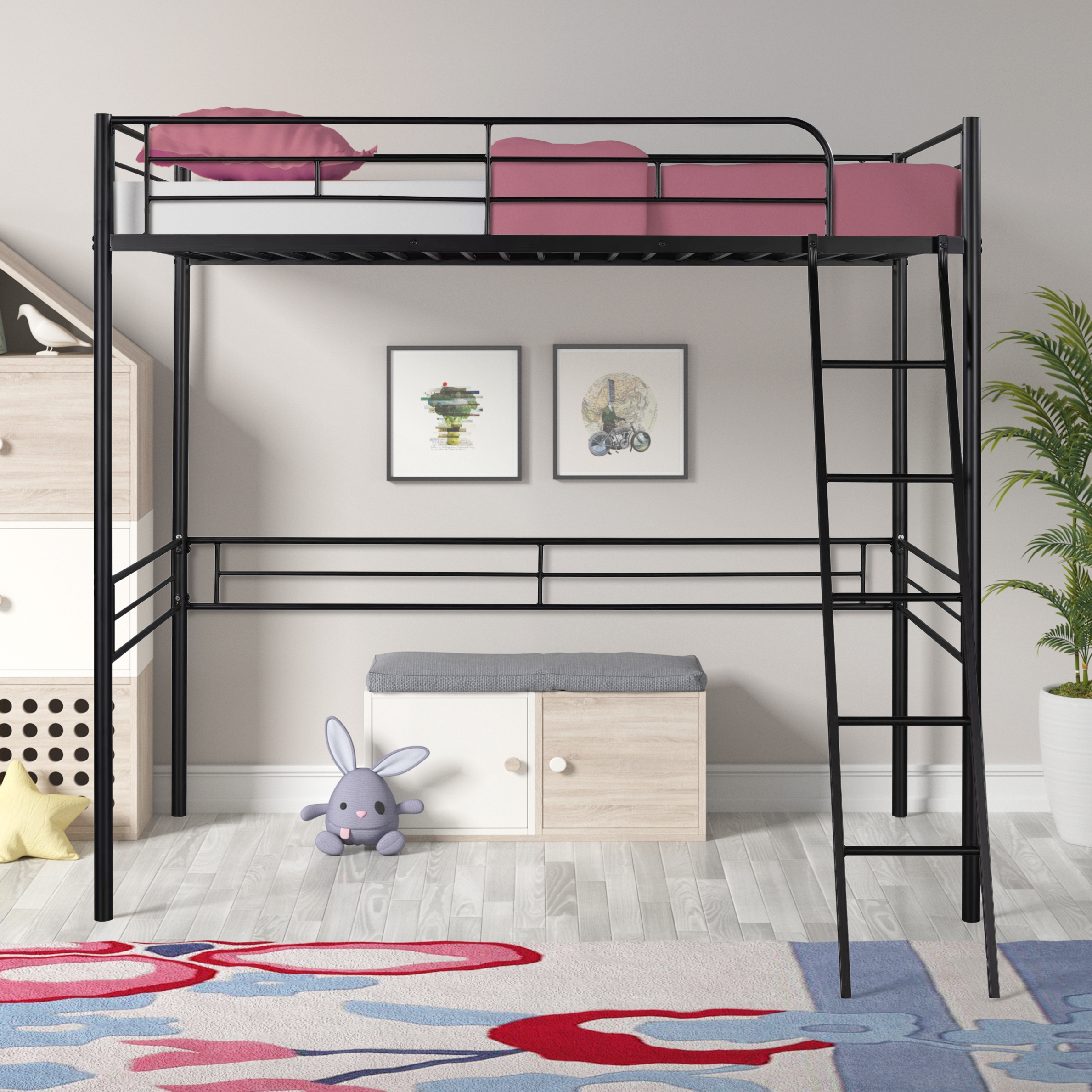 Twin Size Metal Loft Bed frame with Stairs and Safey Side Rail 72
