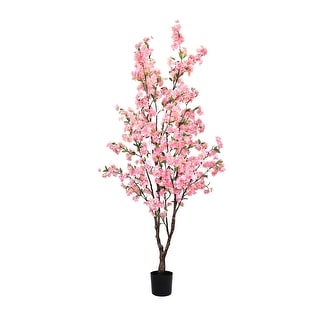 5.5ft Pink Artificial Cherry Blossom Flower Tree Plant in Black Pot - 66" H x 34" W x 32" DP