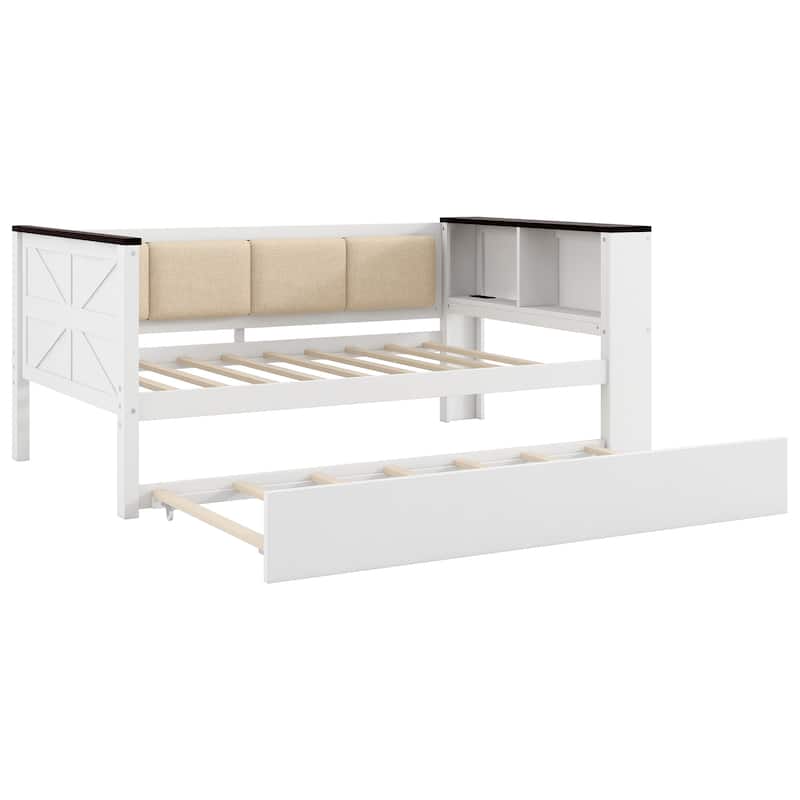 Twin Size Wood Daybed with Storage Shelves, Upholstered Backrest,USB and Trundle, White
