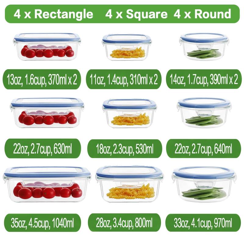 12 Sets Glass Food Storage Containers with Lids, Glass Meal Prep Containers, Airtight Glass Bento Boxes, BPA Free & Leak Proof