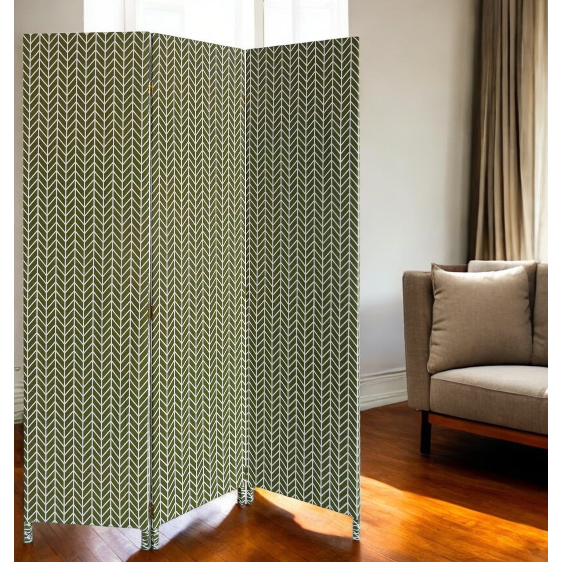 HomeRoots 71" Green Fabric Folding Three Panel Screen Room Divider - 47' X '71' X '1