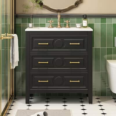 30" Freestanding Vanity - Solid Wood Frame, Ceramic Sink & 3 Drawers