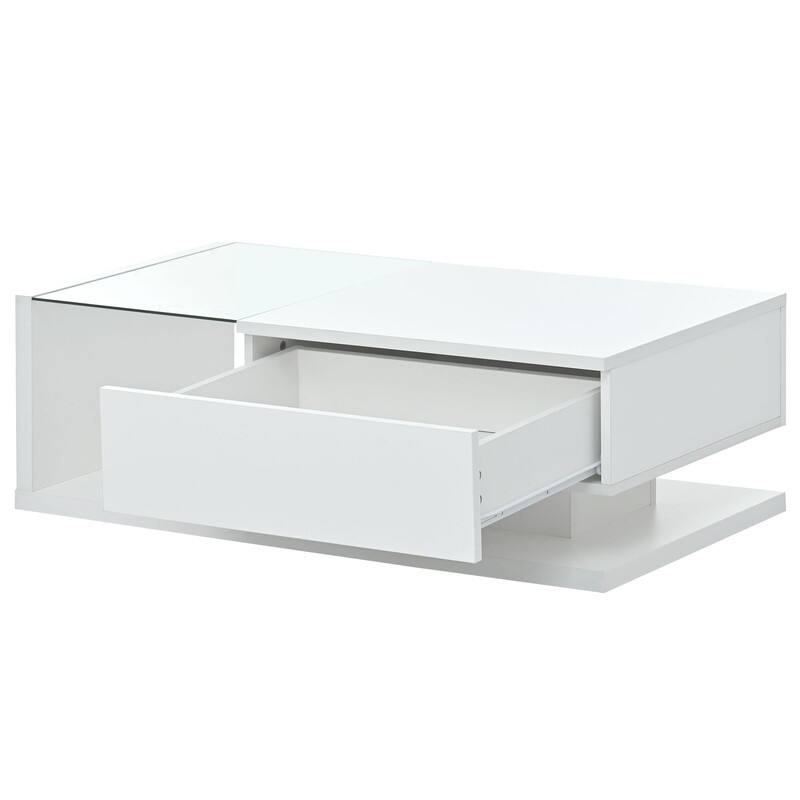Modernist Glass & High-Gloss Wood Coffee Table with Drawer, 2-Tier Rectangular Center Table for Living Room