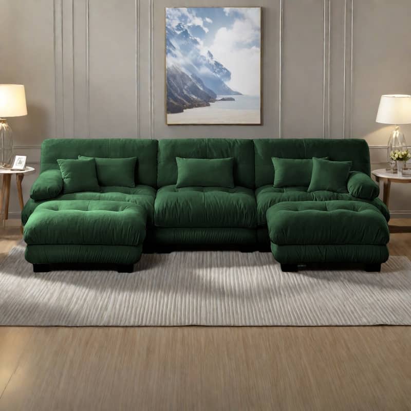 133.8" Chenille Modular 3-Seater U-Shaped Cloud Sectional Sofa with 2 Ottomans - Green