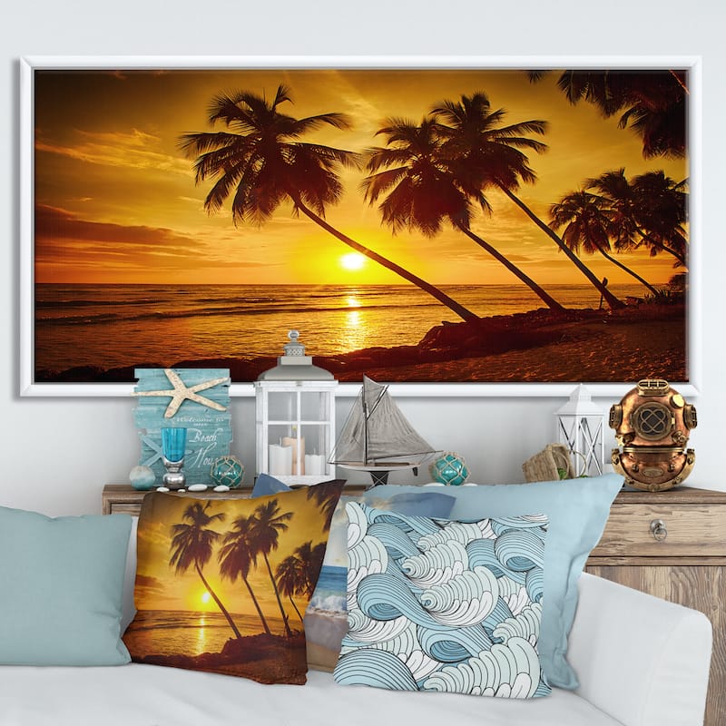 Designart "Beach Sunset in Island Barbados" Modern Seascape Framed Canvas Artwork Print - 60 in. wide x 28 in. high - White