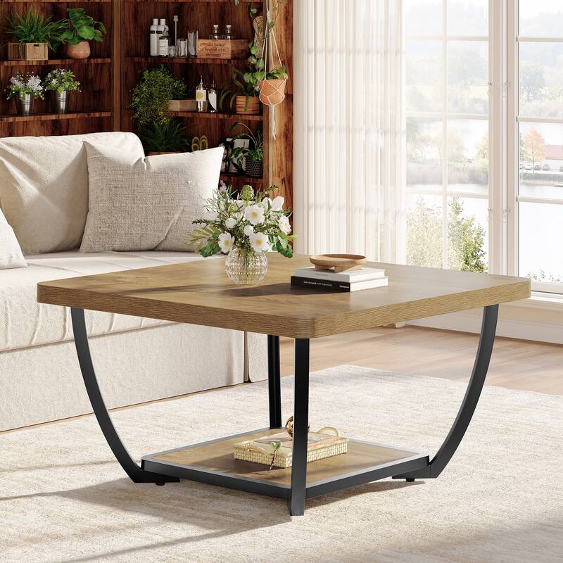 Square Coffee Table 2-Tier Center Table with Storage for Living Room