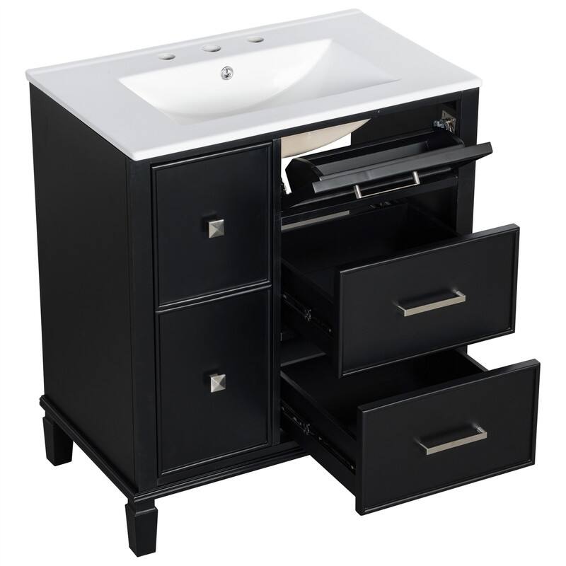 30'' Bathroom Vanity with Ceramic Sink, Freestanding Bathroom Vanity Cabinet with 3 Soft Close Drawers and 1 Flip-Out Drawer