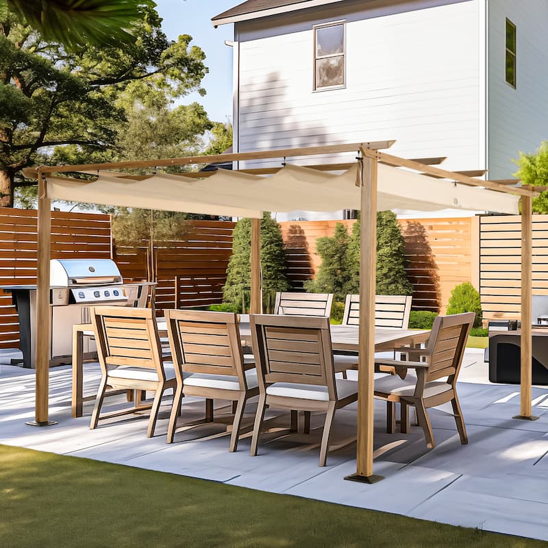 12 ft. x 12 ft. Wood Grain Aluminum Outdoor Pergola with Retractable Shade Canopy