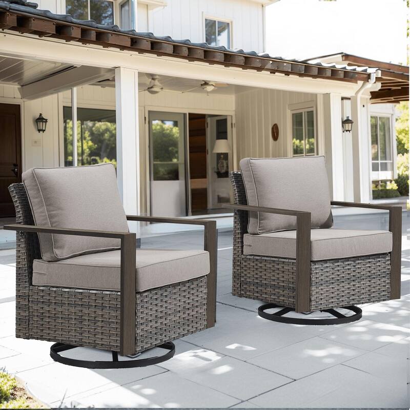 Outdoor Swivel Chair with Thick Cushion - Grey Wicker Grey Cushion - 2PCS Swivel Chairs