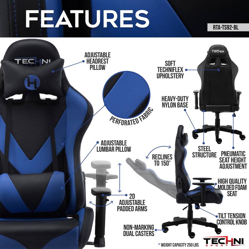 Sport Office-PC Gaming Chair with 150-Degree Recline, Adjustable Seat & 2D Armrests, Durable Nylon Base