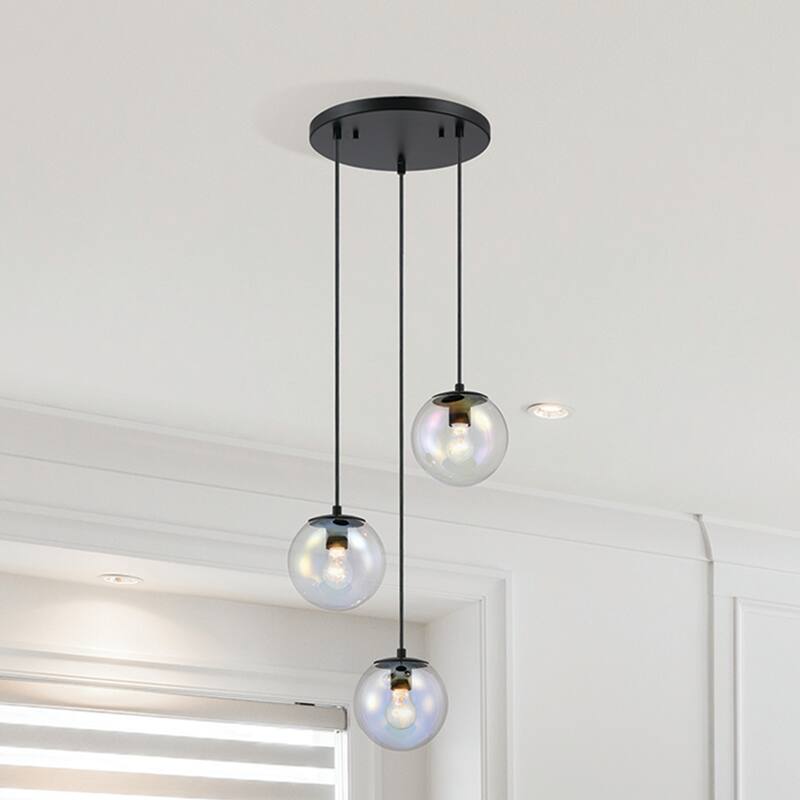 Neva 3-Light Matte Black Transitional Globe Chandelier for Entryways with 7 in. Clear Iridescent Glass Shades - 17.75