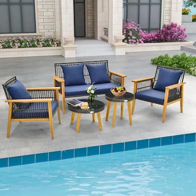5 PCS Outdoor Conversation Set Rattan Chair Set w/ Coffee Tables