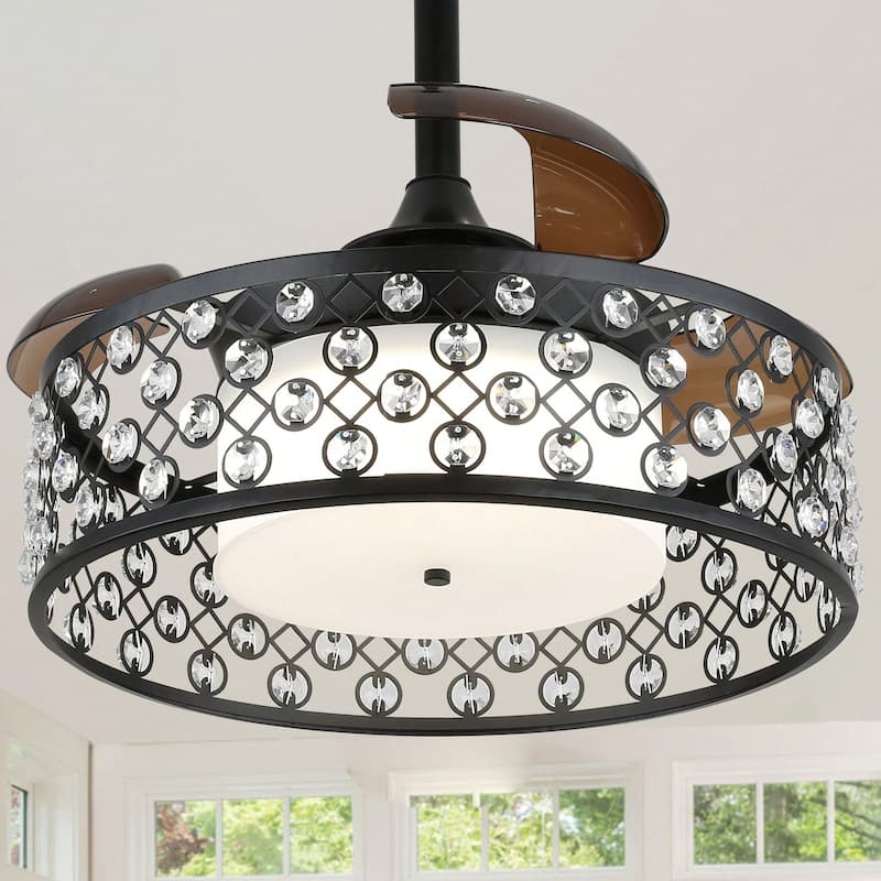 Cusp Barn 22" Retractable Ceiling Fan with Lights and Remote, Modern Crystal 6 Speeds Enclosed Ceiling Fans for Bedroom - Black