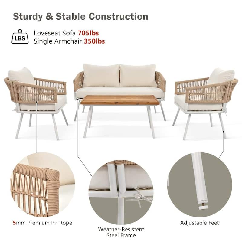 4-piece Patio Furniture Dining Set with Acacia Wood Table and Thick Cushion