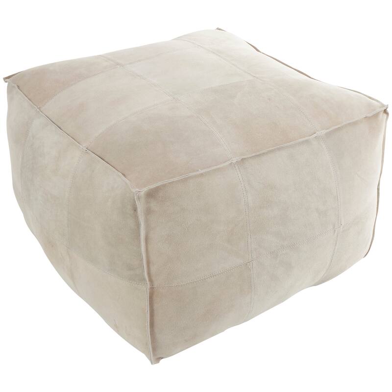 Gray Leather Low Profile Square Pouf with Patchwork Design