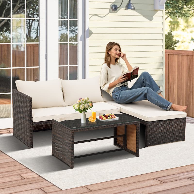 3-Piece Outdoor Rattan Furniture Set Patio Wicker Conversation Loveseat Sofa Sectional Couch Cushion