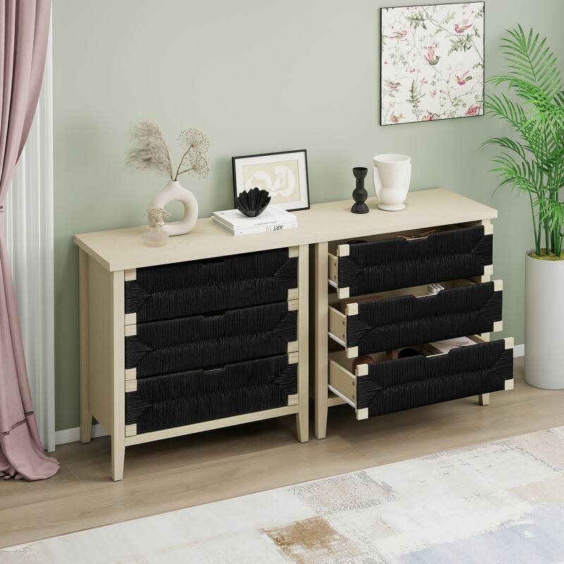 3 Drawer Buffet Sideboard with Adjustable Shelves, Storage Cabinet with Natural Seaweed Decor Doors