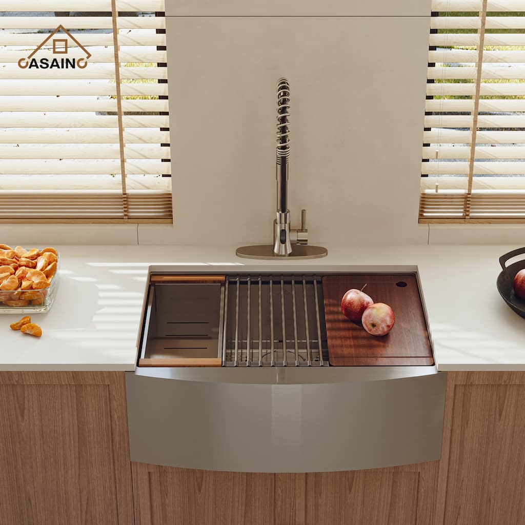 Stainless Steel 33 in. Single Bowl Farmhouse Apron Workstation Kitchen Sink with Kitchen Faucet and Accessories